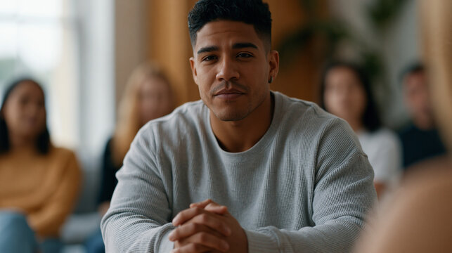 Colombian man at a domestic violence survivors group therapy circle speaks for the first time, hands clasped, voice clearly difficult to control, other survivors listening with