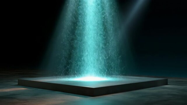 Square platform emitting light particles in dark studio