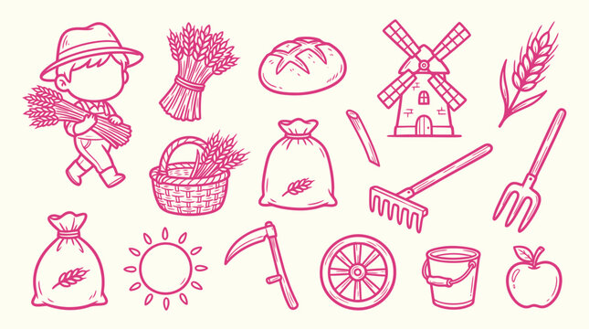 Collection of cute cartoon farming and harvest icons, including a farmer, wheat, bread, and tools.
