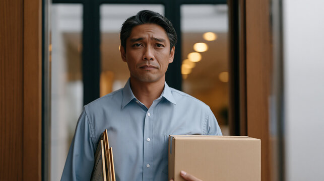 Filipino worker in a business shirt carries a boxed desk belonging in an elevator alone after being laid off, framed certificates tucked under his arm, dignified composure despite