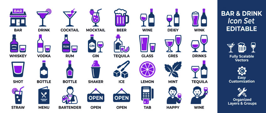 Bar and drink icon set featuring cocktails beer spirits and tools