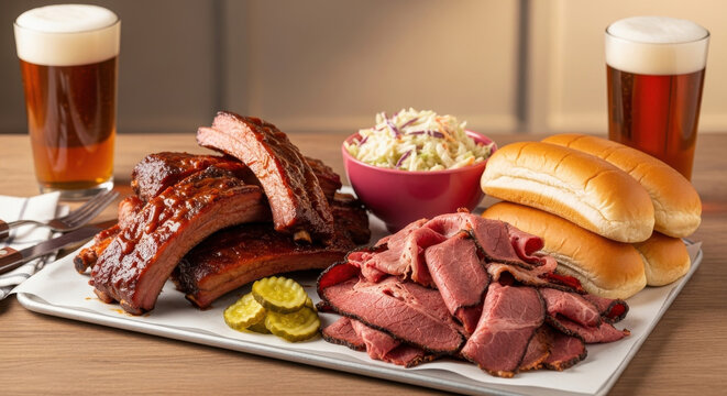 A plate of barbecue ribs, corned beef, pickles, coleslaw, and sandwich rolls with two glasses of beer on a wooden table.