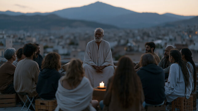 Roma community elder facilitating a makeshift grief circle on a neighborhood rooftop, autumn dusk settling over urban rooflines, participants of various ages seated on crates and