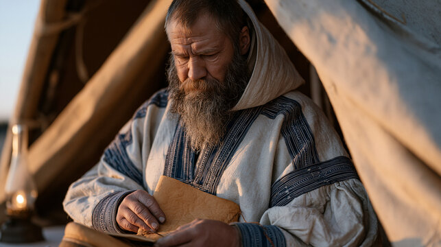 Sami reindeer herder repairing traditional leather boot by kerosene lamp inside a lavvu tent during summer midnight sun, human resilience, Arctic lifestyle, indigenous
