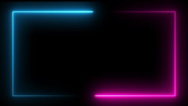 Glowing purple neon rectangular border frame overlay animation, Minimalist white neon glowing rectangular frame animation on black background,
white laser effect neon glowing frame background. 