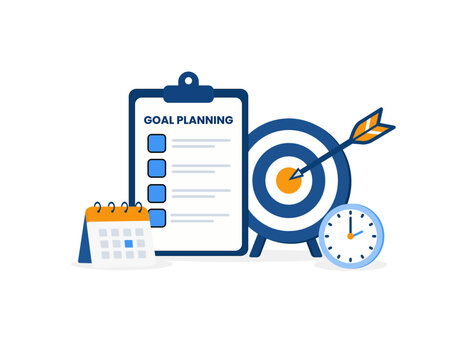 Business goal planning concept with checklist target calendar and clock for project management, vector, flat, 2d illustration