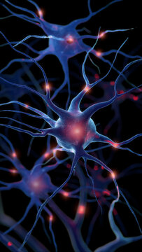 Neuron network activity with glowing synapse connections, 3D rendering