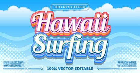 Fototapeta premium Editable Hawaii Surfing text effect with colorful tropical lettering, smooth beach inspired typography, and playful summer styling for travel, vacation, surf, and seasonal designs.
