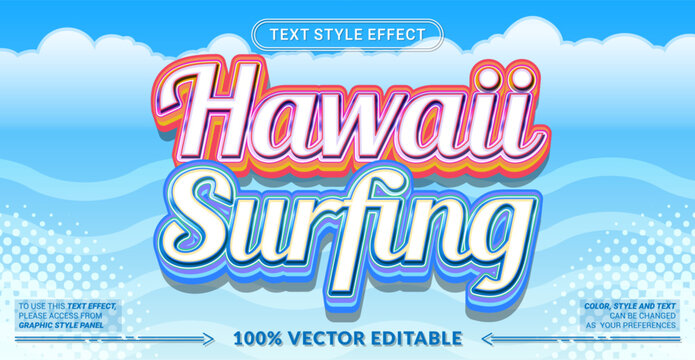 Editable Hawaii Surfing text effect with colorful tropical lettering, smooth beach inspired typography, and playful summer styling for travel, vacation, surf, and seasonal designs.