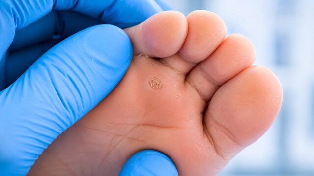 Dermatologist examining plantar wart on foot sole of woman. Medical doctor checking skin condition with gloved hand in clinic. Podiatry treatment of wart, dermatology healthcare concept.