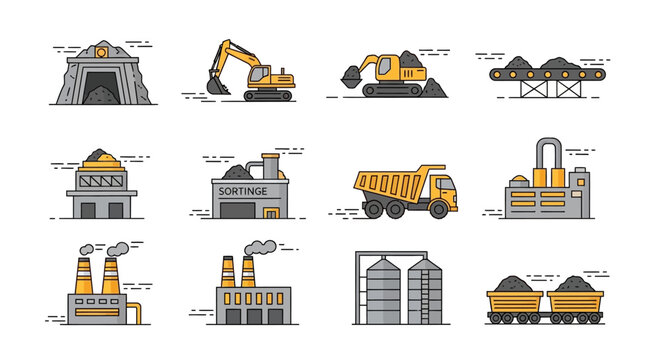 Industrial construction and mining equipment icons.