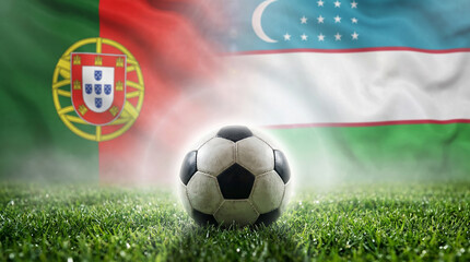 Naklejka premium Portugal vs Uzbekistan Flags and Soccer Ball: A soccer ball rests on green grass with the flags of Portugal and Uzbekistan waving in the background, symbolizing an international match or sports event.