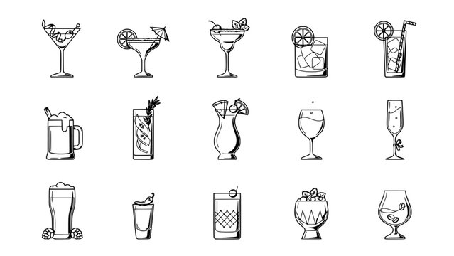 Cocktail Glasses Collection of 15 Different Line Art Drinks Icons on White Background for Bar Menu Design Concept