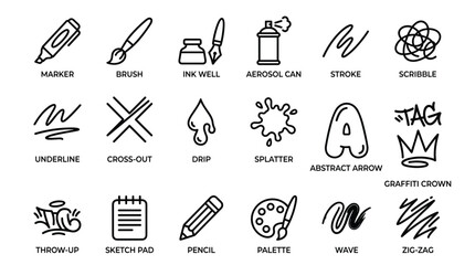 Marker pen brush ink well aerosol can stroke scribble underline cross out drip splatter abstract arrow graffiti crown throw up sketch pad pencil palette wave zig zag icons set graphic design elements. © Ananna