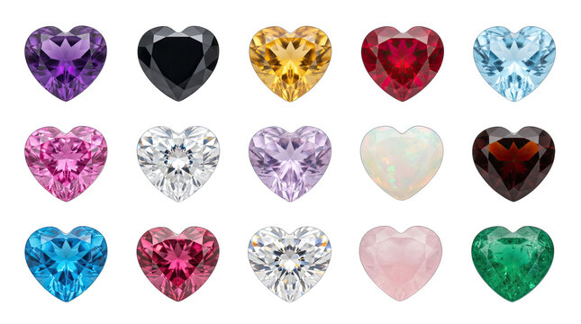 Assortment of heart shaped gemstones isolated on transparent background vibrant colors jewelry design elements