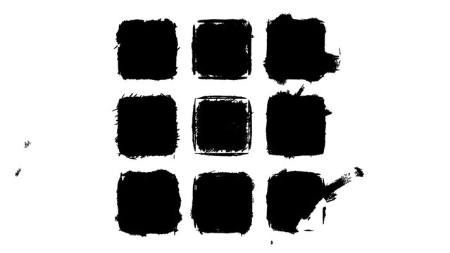Square Blocks Arranged in a 3x3 Grid with Rough Black Paint Texture for Abstract Design Pattern Featuring Brushstroke, Ink