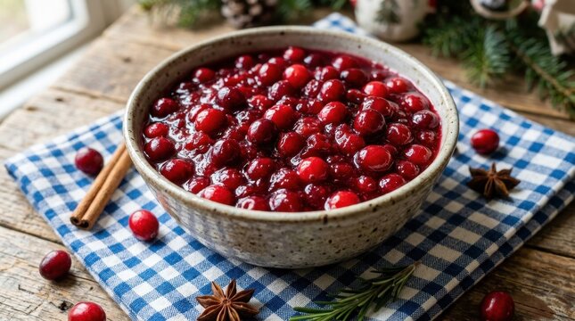 A bowl of homemade cranberry sauce with fresh cranberries and festive garnishes
