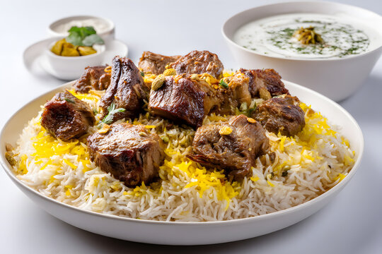 Delicious mansaf served in full plate view with tender meat, rice, and side dishes, showcasing Middle Eastern cuisine