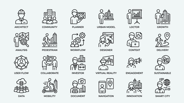 Professional urban planning and community development icons set featuring architecture business collaboration innovation and smart city technology concepts pack.