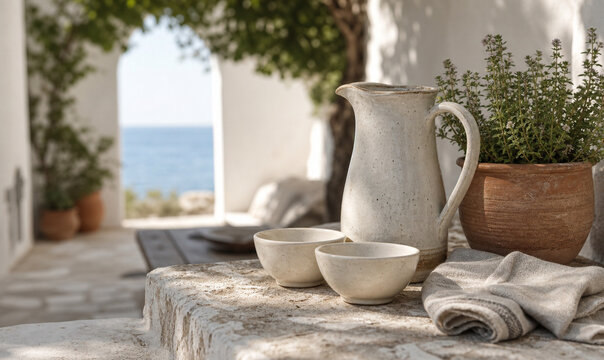 Handmade ceramics in a quiet coastal guesthouse courtyard