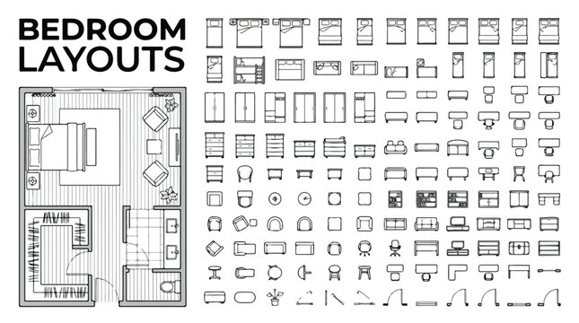 Bedroom layouts architectural floor plan icons, interior design furniture symbols for house planning, professional room top view vector set