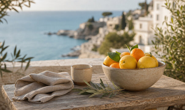 Mediterranean citrus still life on a quiet sea terrace