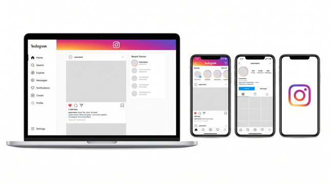 Social media interface mockup: laptop, smartphone, home feed, profile, story, splash screen, UI UX app template. Website and mobile app dashboard.