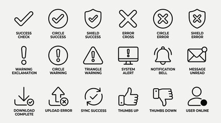 Fototapeta premium Set of line icons with success check, error cross, warning exclamation, system alert, message unread, download complete, thumbs up, and user online.
