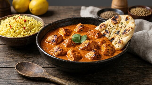 A close-up culinary photograph of a rich, creamy chicken tikka masala served with fluffy naan bread in a rustic setting.