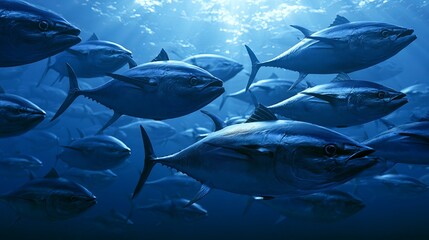 Obraz premium School of Fish Swimming in Deep Ocean Underwater Scene with Blue Tones