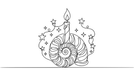 Continuous line drawing of a snail with a candle on its shell and stars. © Siap