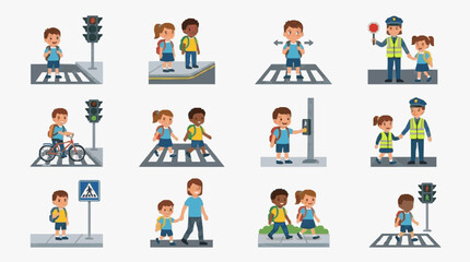 Fototapeta premium Children Crossing Streets with Traffic Signals.