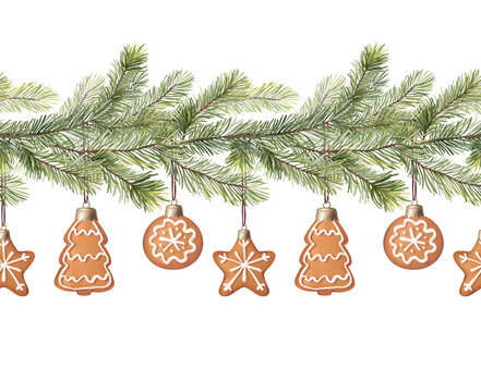 Seamless illustration of a horizontal border featuring hand-drawn pine branches and hanging gingerbread cookies