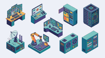 Fototapeta premium Isometric Technology Server Room and Workstation Icons.