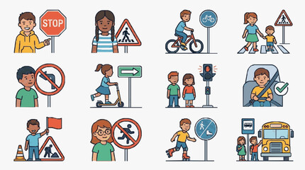 Fototapeta premium Children Crossing Street with Traffic Signs.