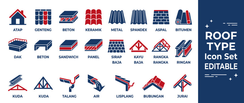 Construction roof types and architectural roofing material icons