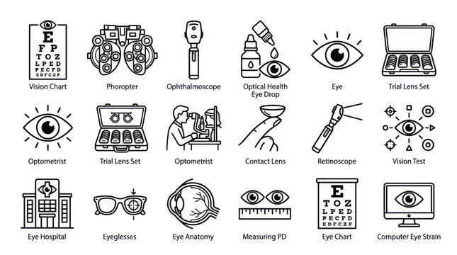 Ophthalmology and optometry line icons for eye care and vision health