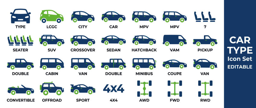 Car type and vehicle body style icons for automotive industry