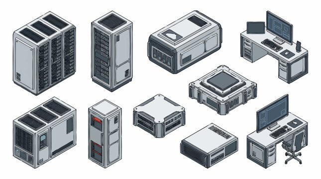 Isometric pixel art collection of computer hardware devices.