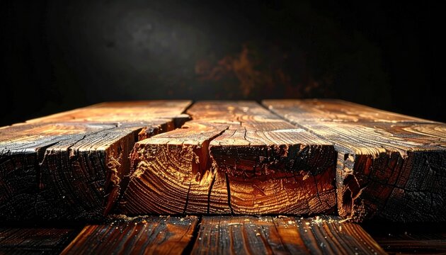 Rough, splintered wooden plank with visible grain and cracks, showcasing aged texture in warm light