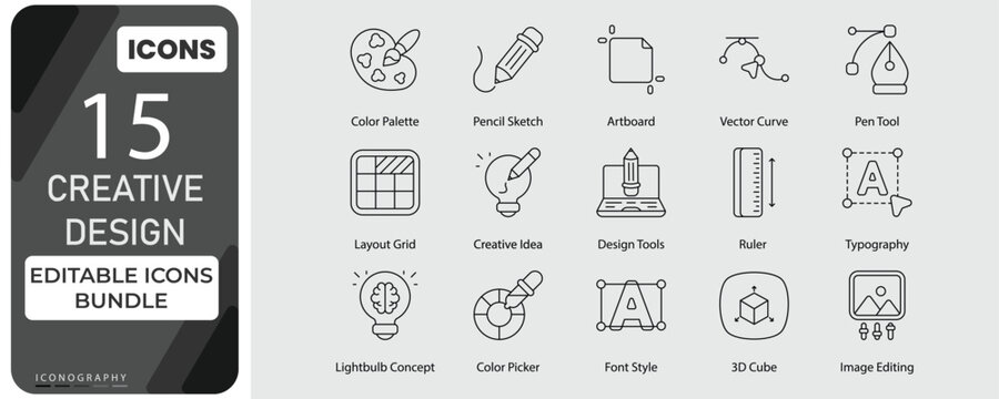 Creative Design Outline Icons Bundle | Editable Graphic Design & Creative Tools Vector Set