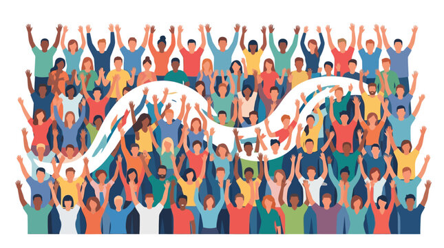 Diverse multicultural crowd raising hands and cheering in a wave motion flat vector illustration.