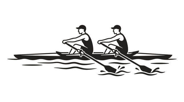 Two rowers in a boat synchronized paddling on water, graphic illustration