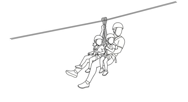 Two people zip lining through the air together.