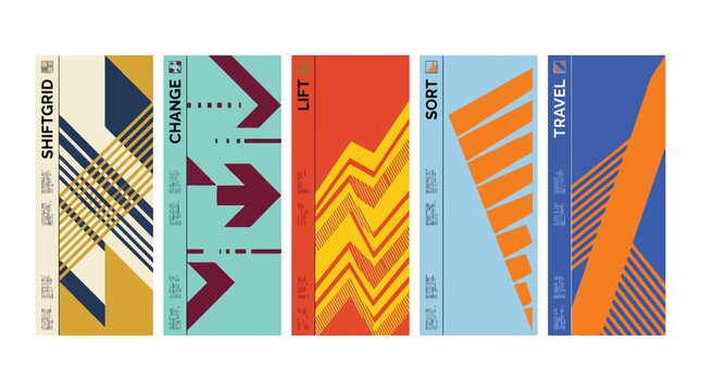 Abstract geometric banner set with shiftgrid change lift sort and travel labels, colorful vertical vector cards with arrows and stripes for business