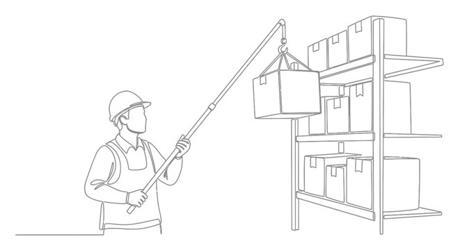 Worker lifting box with pulley system in warehouse.
