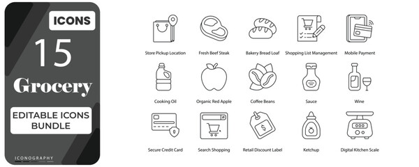 Grocery Shopping & Food Outline Icons Bundle   Editable Supermarket Vector Icon Set © GraphicsBird