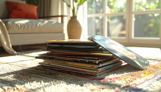 Stacked vintage vinyl records near a sunlit window, showcasing a music collection