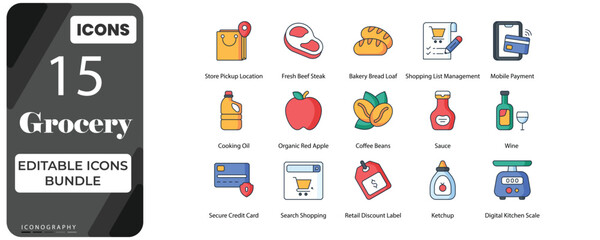 Grocery Shopping & Food Icons Bundle   Editable Supermarket Vector Icon Set © GraphicsBird