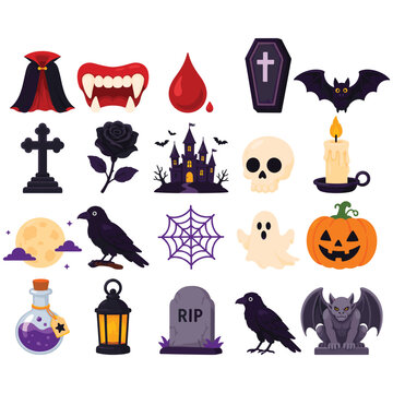 Set of colorful halloween icons with pumpkin ghost candy and spooky holiday party items